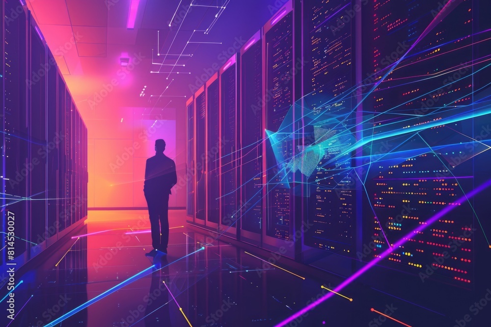 Poster a man standing in a server room with neon lights. perfect for technology and cybersecurity concepts