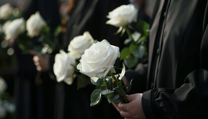 People in black clothes with white rose flowers outdoors, closeup. Funeral ceremony