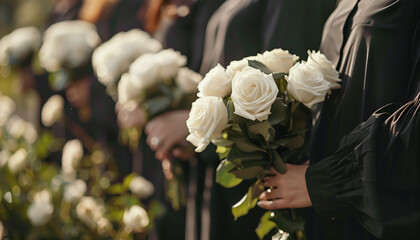 People in black clothes with white rose flowers outdoors, closeup. Funeral ceremony