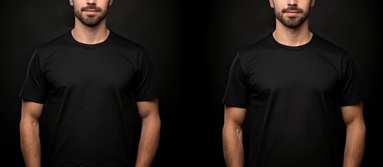 The man wearing a plain black t shirt with ample space for your logo