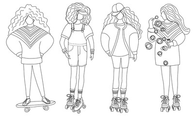 Cool teenager girls  from the 80s - 90s vibes, roller skates, skateboarding, skates, in trendy fashion clothes, vintage, retro. Bubble gums. Line art illustration vector.