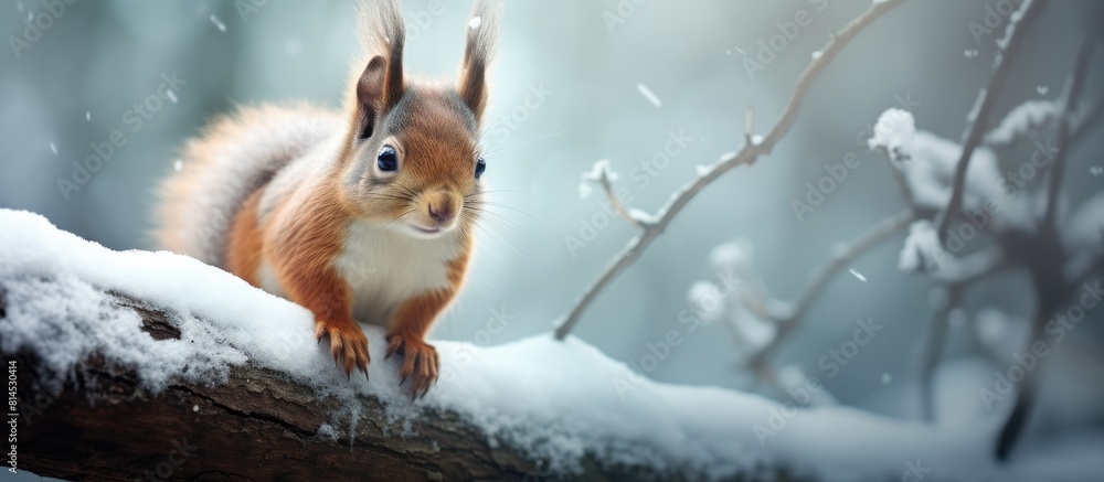 Poster A European brown squirrel with its winter fur sits on a branch in the forest creating a captivating copy space image