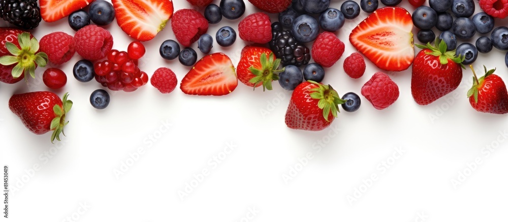 Poster A top view of various types of berries including strawberries blueberries and apricots arranged on a white background created for copy space image