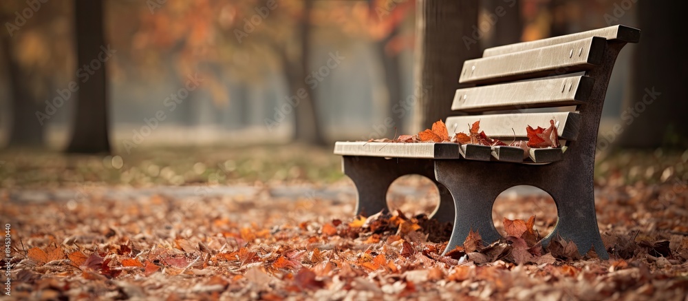 Poster a wooden bench covered with dead leaves providing an empty space for a copy space image