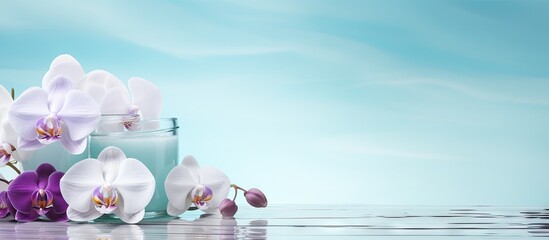 A copy space image featuring spa items set against a soothing blue background accentuated by delicate lilac orchids