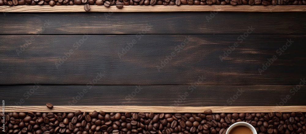 Poster There is a copy space image featuring a wooden background with a blank blackboard label and a pile of coffee beans isolated on top