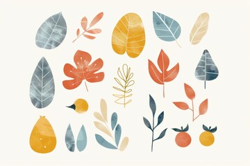 Set of autumn leaves with texture on a white background
