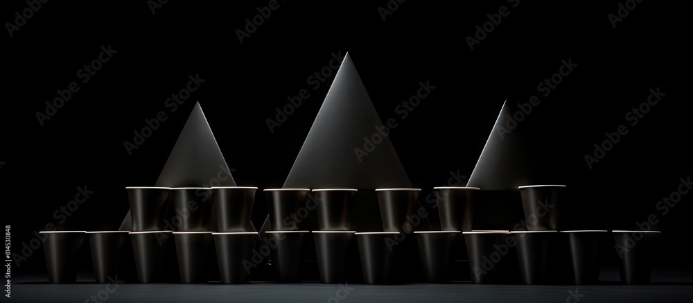 Aufkleber a pyramid shaped arrangement of luxury black take away paper cups with caps isolated on a black back
