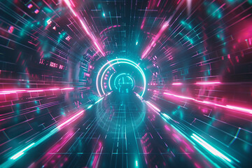 Obraz premium abstract futuristic background portal tunnel with pink blue and green glowing neon moving high speed wave lines and flare lights Data transfer concept Science style wallpaper 