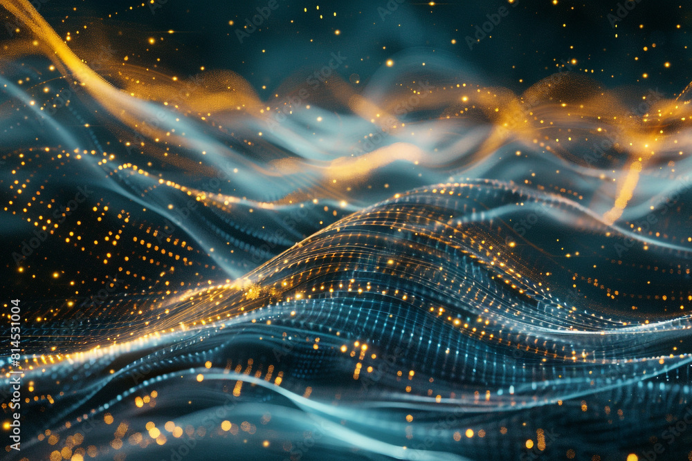 Poster abstract futuristic background with gold and blue glowing neon moving high speed wave lines and boke
