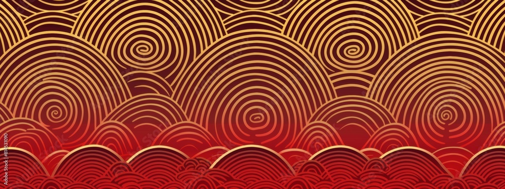 Poster chinese style pattern background, red and gold lines, simple chinese wave texture pattern with circu