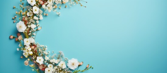 Circular frame of spring flowers against a blue backdrop with space for images. with copy space image. Place for adding text or design