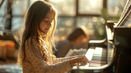 Little Girl Playing Piano in Room
