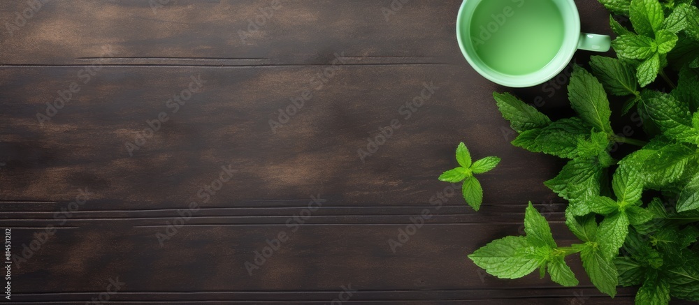 Poster A top down view of a cup of green tea with fresh mint leaves on a table There is ample space for text or images in the background