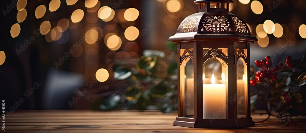 Poster A festive Christmas lantern adorns the table surrounded by holiday decorations creating a beautiful ambiance with its warm glow Copy space image