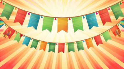 Colorful banners flutter in a burst of sunlight