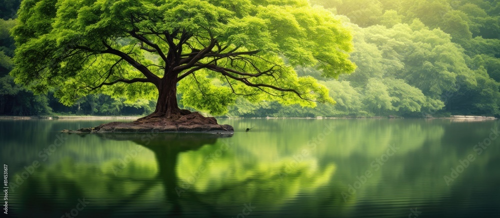 Poster a serene pond with vibrant green leaves calm water and a majestic tree reflecting its image on the s