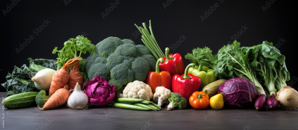 Aufkleber a selection of vibrant vegetables is displayed on a smooth dark gray slate the background provides a