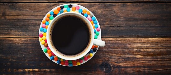 A black coffee cup surrounded by white and colored dots rests on a vintage wooden background...