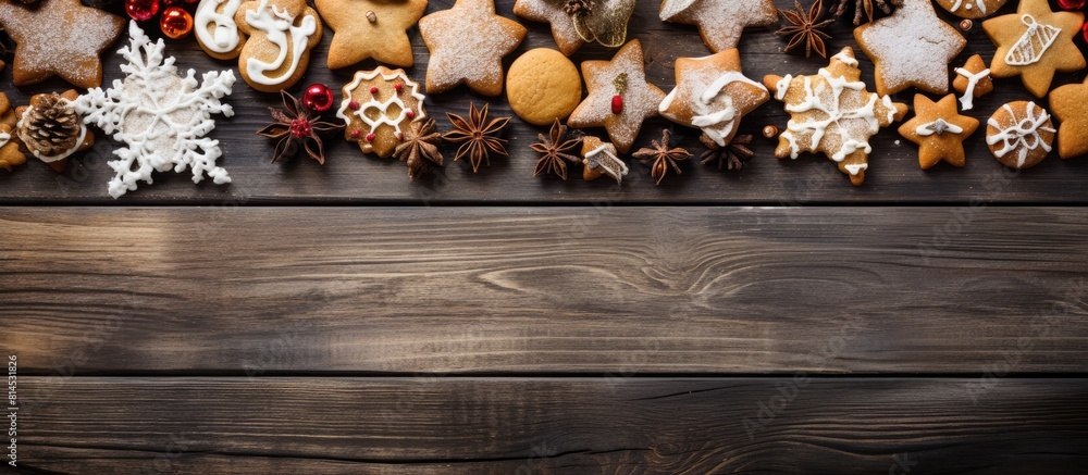 Poster A festive assortment of Christmas and New Year s cookies beautifully arranged on a wooden background with a view from above and plenty of empty space for adding images or text. with copy space image