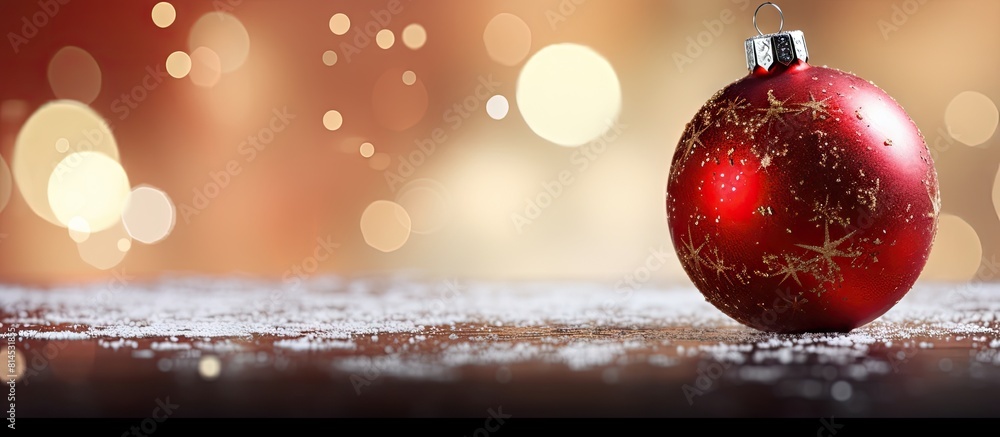 Poster A red Christmas ornament with white accents on a festive glittery background creating a shallow depth of field leaving space for other elements in the image. with copy space image