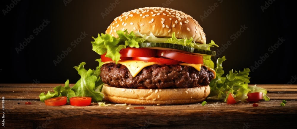 Poster A fast food meal of a homemade cheeseburger or hamburger is presented on a rustic wooden board with ample copy space for a breakfast or lunch setting