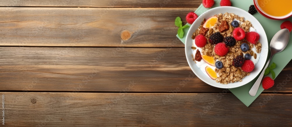 Poster a healthy breakfast featuring a plate of muesli on a wooden background with a view from above and co