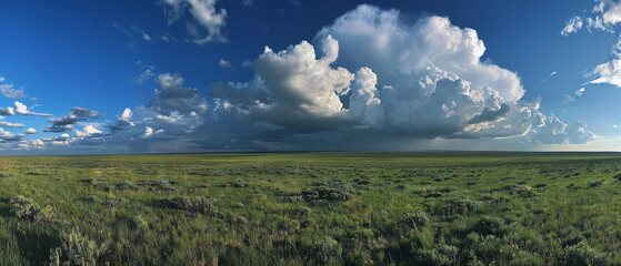 Dark clouds gather over the expansive prairie as a thunderstorm brews in the distance.