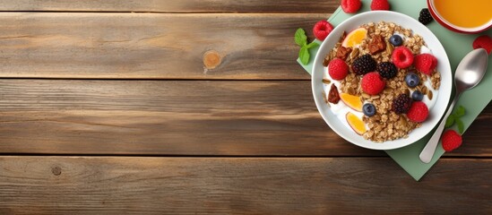 A healthy breakfast featuring a plate of muesli on a wooden background with a view from above and...