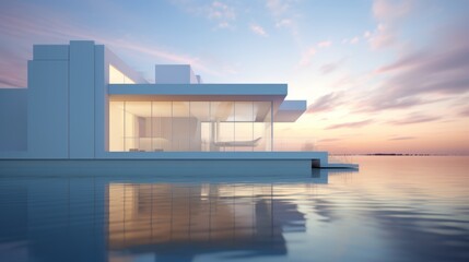 Fototapeta premium A white building situated on the water's surface, presenting a futuristic architectural concept