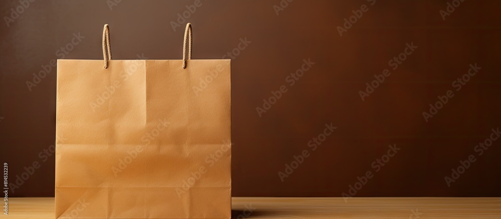 Poster copy space image featuring a recyclable paper bag isolated on a brown paper background perfect for s