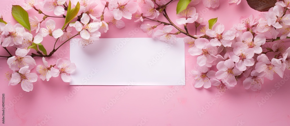 Aufkleber copy space image of delicate blossoms of an apple tree enclosed in a pink paper envelope resting on 