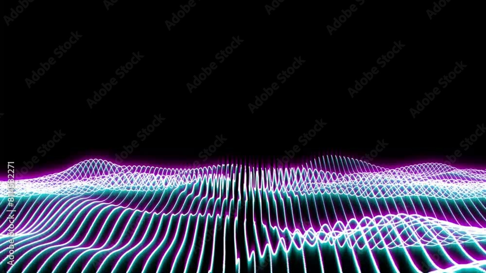 Poster abstract digital particle waves background. flowing neon lines. 3d seamless looping animation. futur