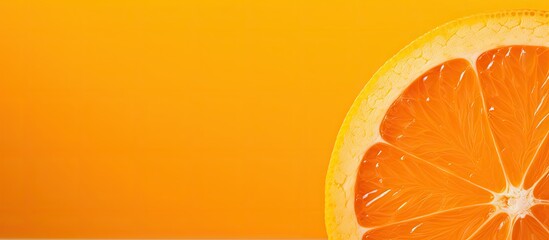 Copy space image of the textured slice of an orange fruit against an orange background