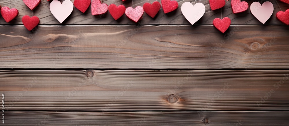 Poster Valentine s Day theme featuring paper hearts against a rustic wooden backdrop Includes empty space for text or additional images