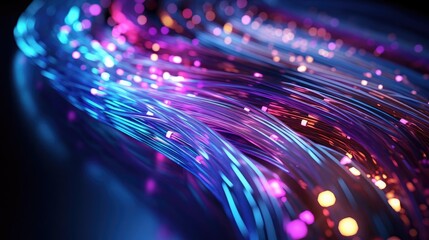 Visualize a bunch of glowing and colorful fiber optic cables transmitting data in a dark room.