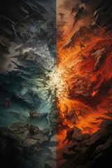 Political conflicts over resources top view, tensions in a warming world, crisis tone, Complementary Color Scheme