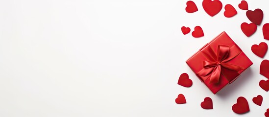 Top view of a gift box on a white background creates a festive St Valentine s Day concept There is ample copy space in the image