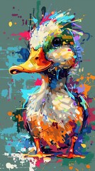 Fototapeta premium Colorful artistic painting of a curious duck with a punk hairstyle