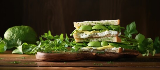 A vegetarian themed composition with an avocado and cream cheese sandwich accompanied by celery sticks and basil leaves The brown wooden background provides ample room for adding text Copy space imag - Powered by Adobe