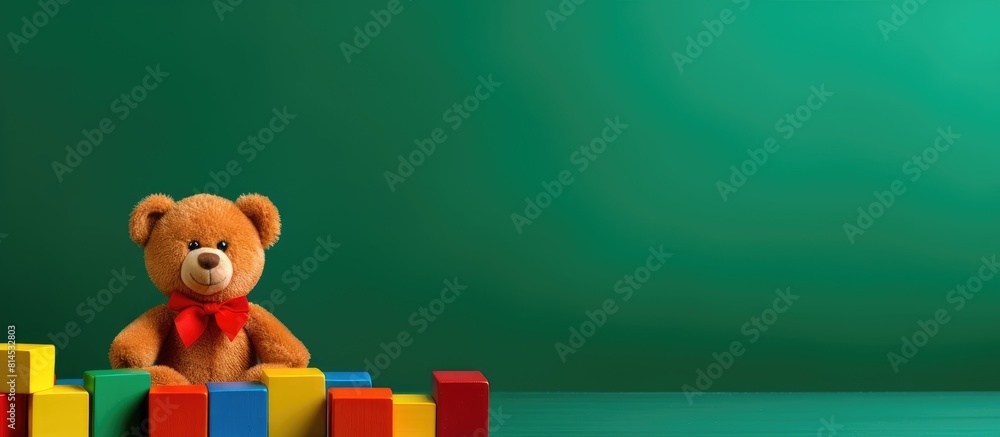 Poster a vibrant background featuring a teddy bear colorful wooden cubes and bricks on a green surface perf