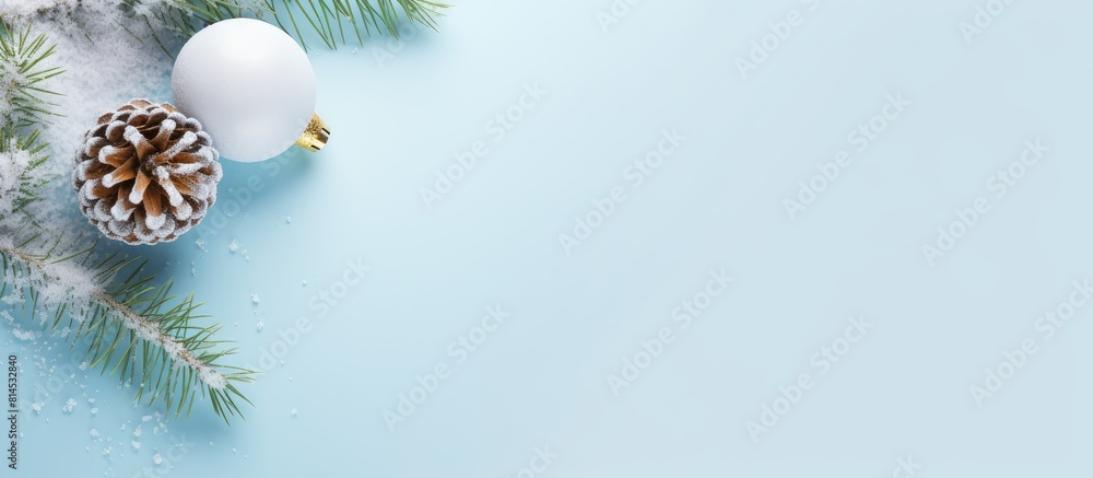 Leinwandbilder christmas composition with a snowy fir branch and white bauble on a pastel blue background the image