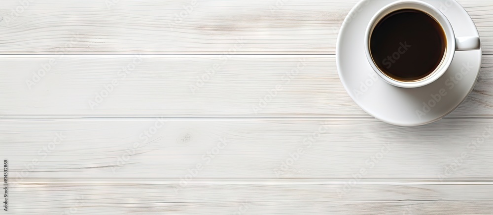 Poster an isolated white desk with a coffee cup placed in the center provides a clean and empty surface cop