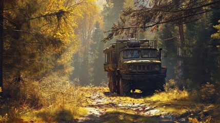 Old truck in the autumn forest