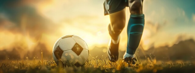 Football player  with sport ball on the modern football pitch, sunset, banner panorama. Generative...