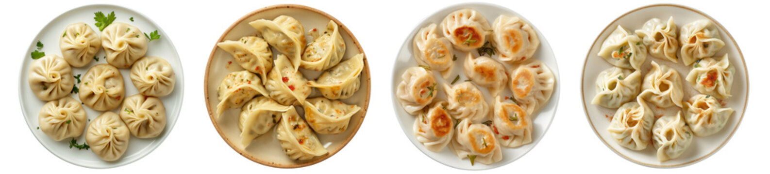 Momos dumplings in the plate, isolated transparent PNG, Indian, Nepal local traditional food, Cuisine, top view