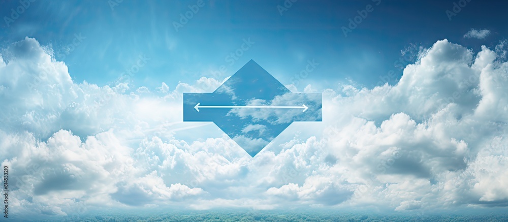 Poster a directional blue sky sign with arrows pointing left and right set against a backdrop of clouds. wi