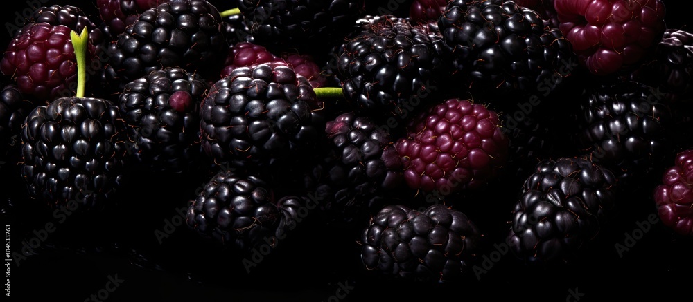 Poster a copy space image of fresh ripe blackberries seen from above on a scratched black background