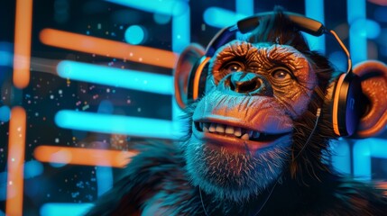 Anthropomorphic monkey enjoying music on the street in downtown city, in urban underground retro...