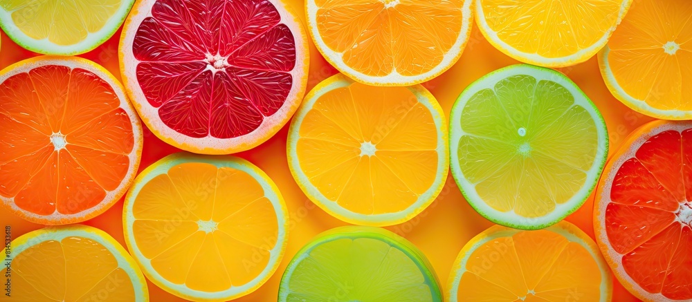 Aufkleber A vibrant and artistic pattern of freshly sliced oranges creates a captivating texture The neon colors add a mesmerizing touch to the macro top view image that features copy space This visually appea